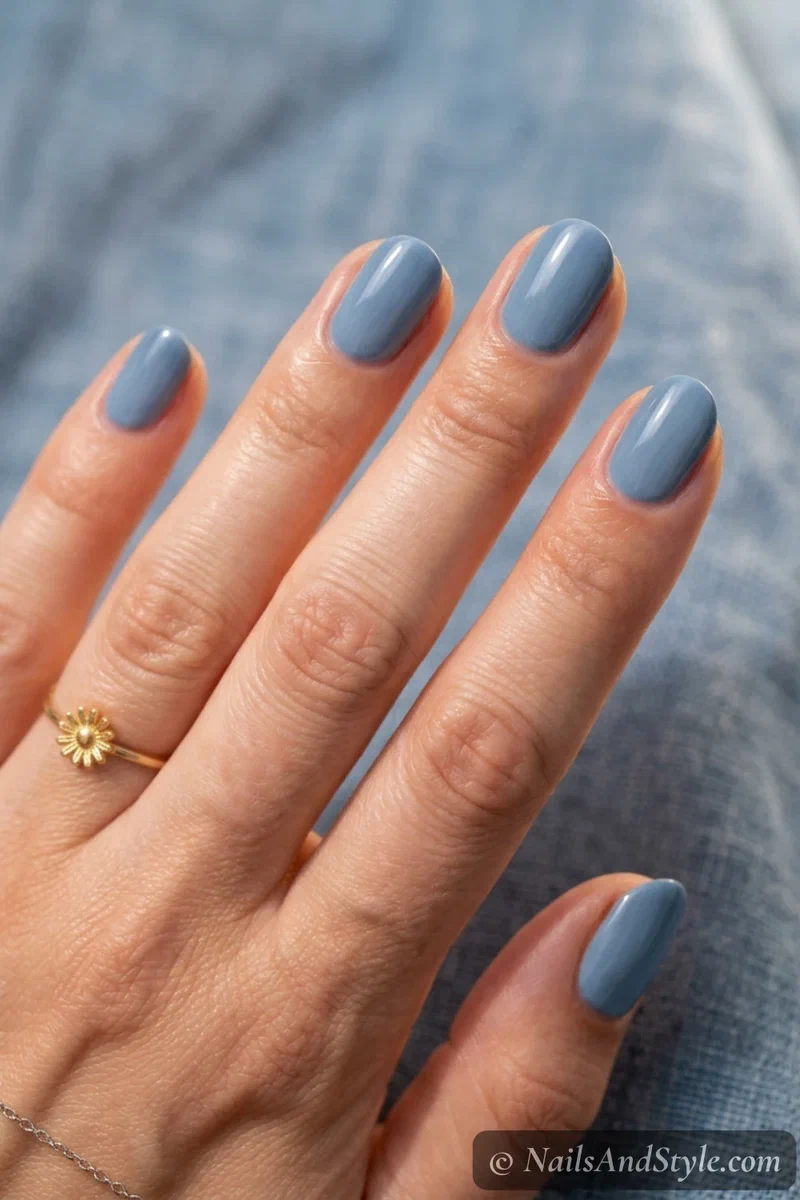 Faded denim blue nails with a soft washed dusty blue and glossy finish on short round nails