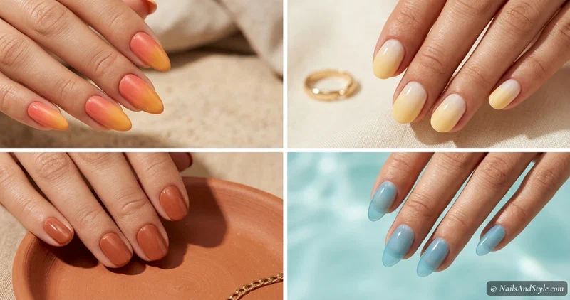 Collage of four end of summer nail looks — golden hour ombre, butter yellow fade, terracotta cream, and last-swim blue jelly