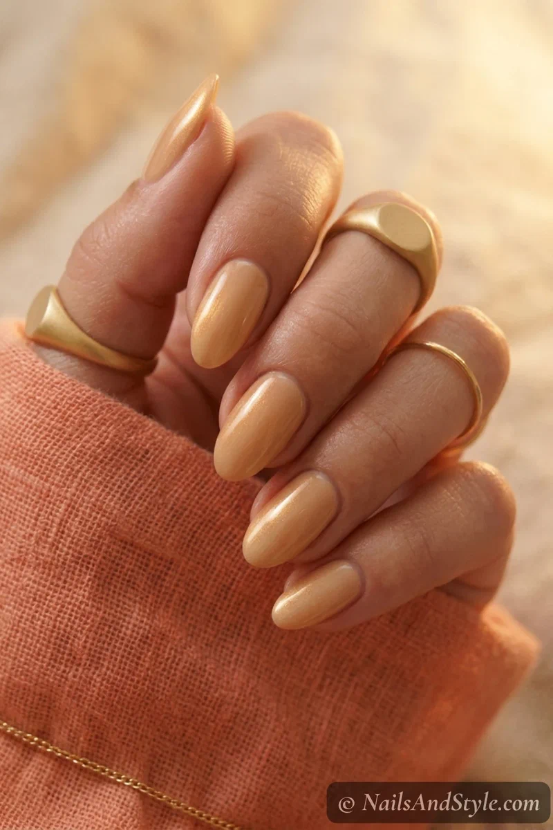 Golden wheat nails with a soft wheaty golden beige and glossy finish on short oval nails