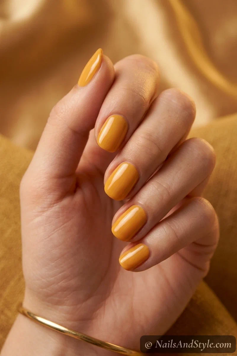 Marigold gloss nails with a rich warm marigold gold and glossy finish on short round nails