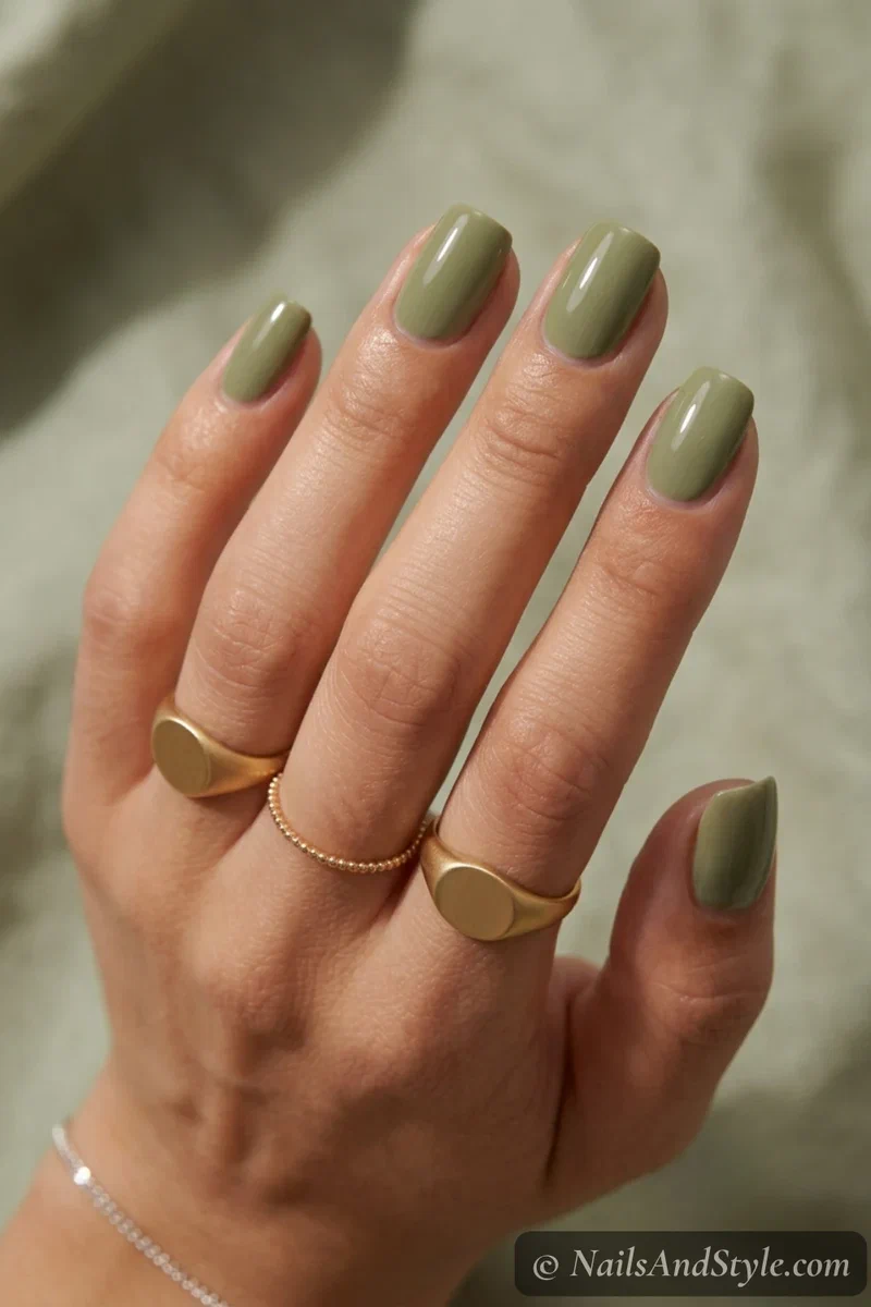 Olive transition nails with a muted olive green and glossy finish on medium squoval nails