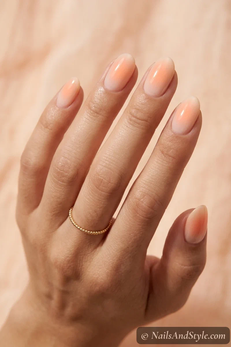 Peach glow aura nails with a soft peach halo blurred over a nude base on medium almond nails