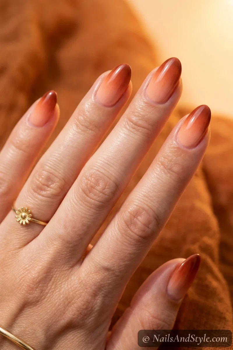 Rust ombre nails blending warm rust into soft peach on medium almond nails