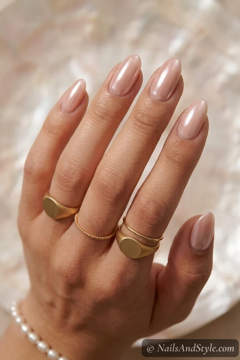 Shell pink pearl nails with a pearly glazed sheen over a soft shell pink base on medium oval nails