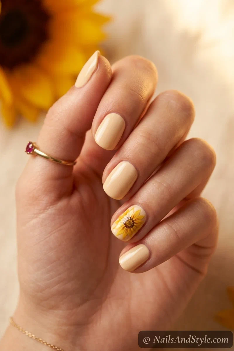 Sunflower sendoff nails with a golden sunflower on a cream accent nail, medium almond nails