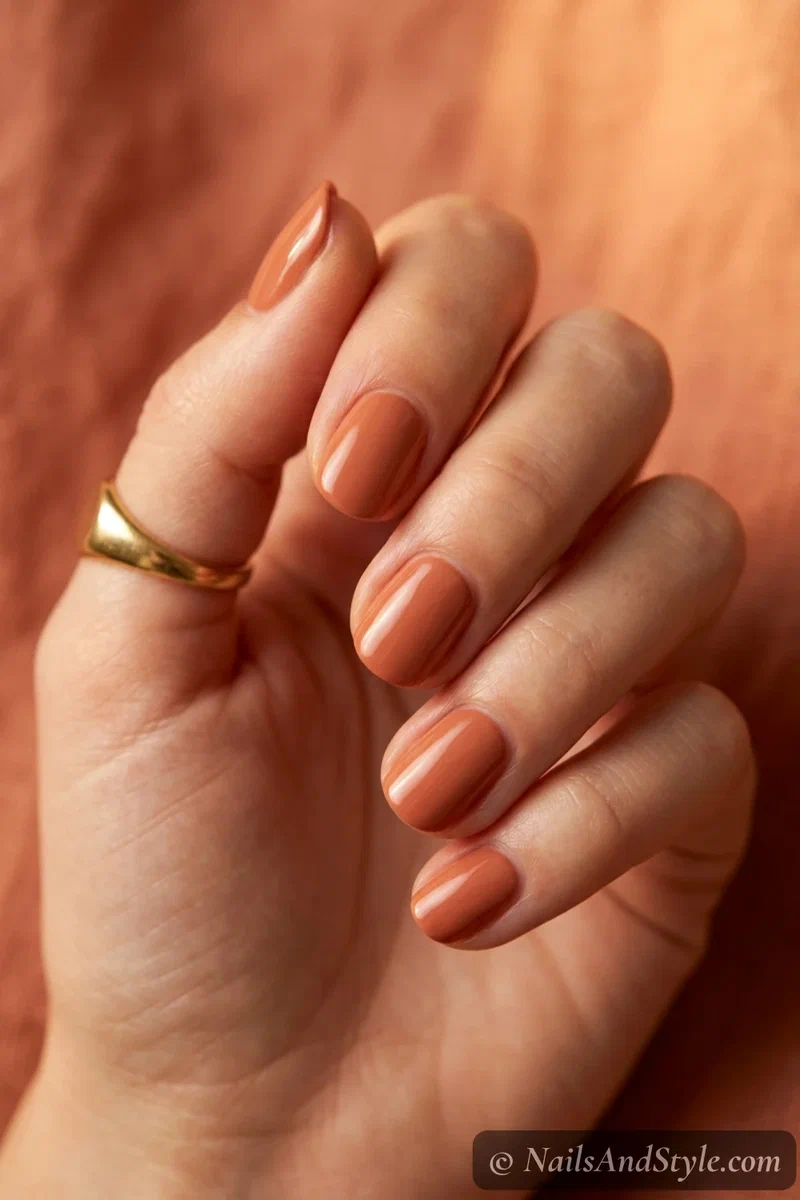 Terracotta cream nails with a warm earthy terracotta and glossy finish on short round nails