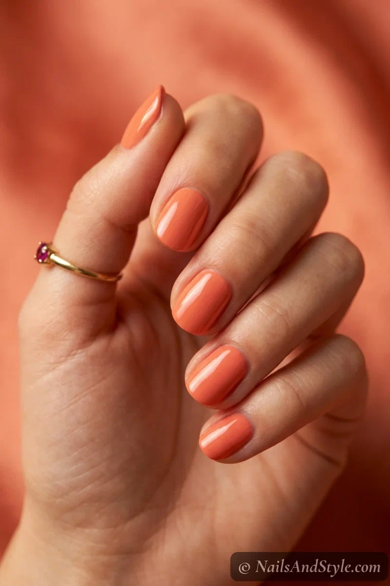 Warm coral gloss nails with a bright warm coral and glossy finish on short round nails