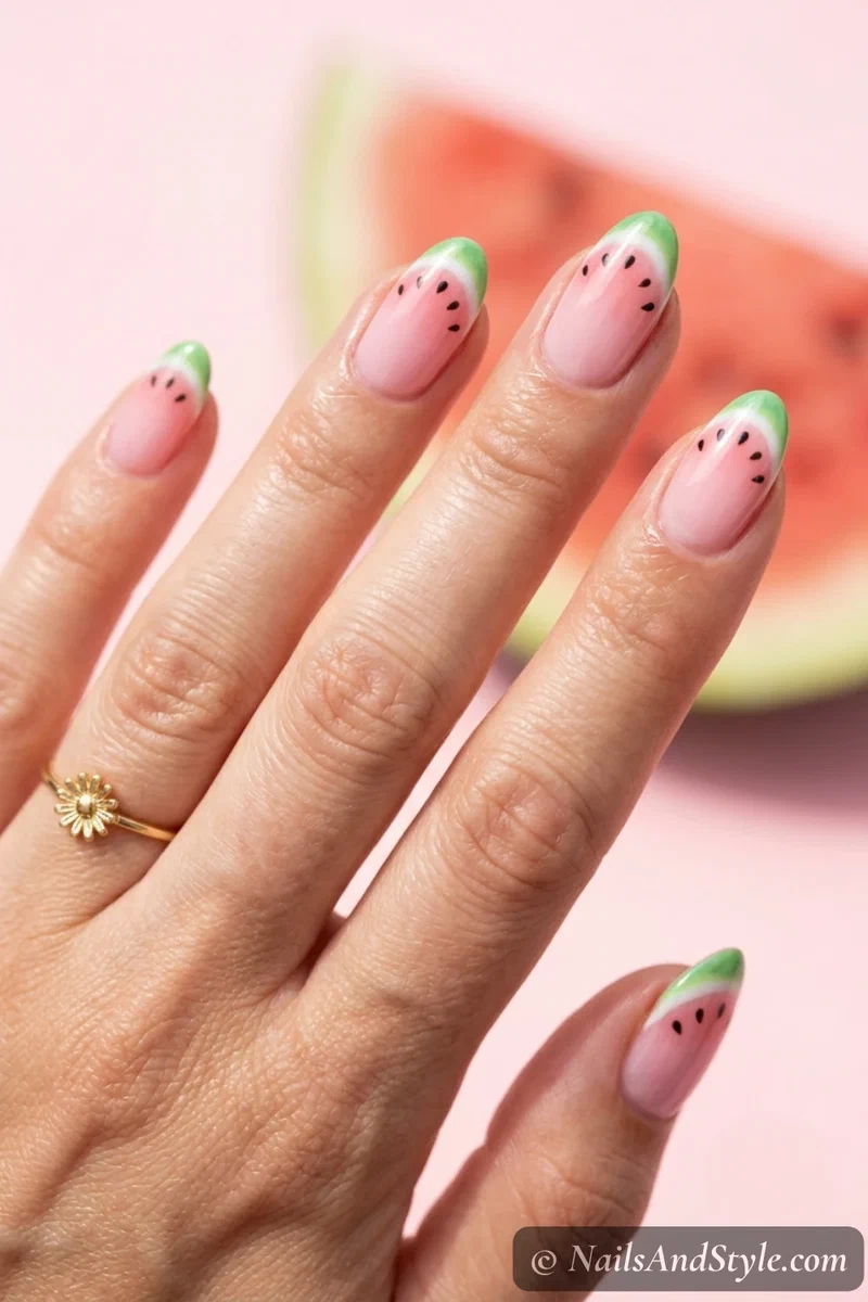 Watermelon fadeout nails with a soft pink base, white line, and green rim tips with tiny seeds on medium almond nails