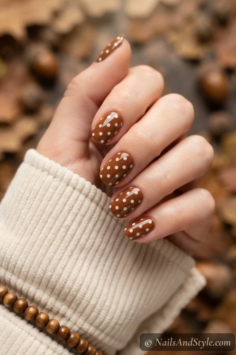 Brown nails with cream polka dots
