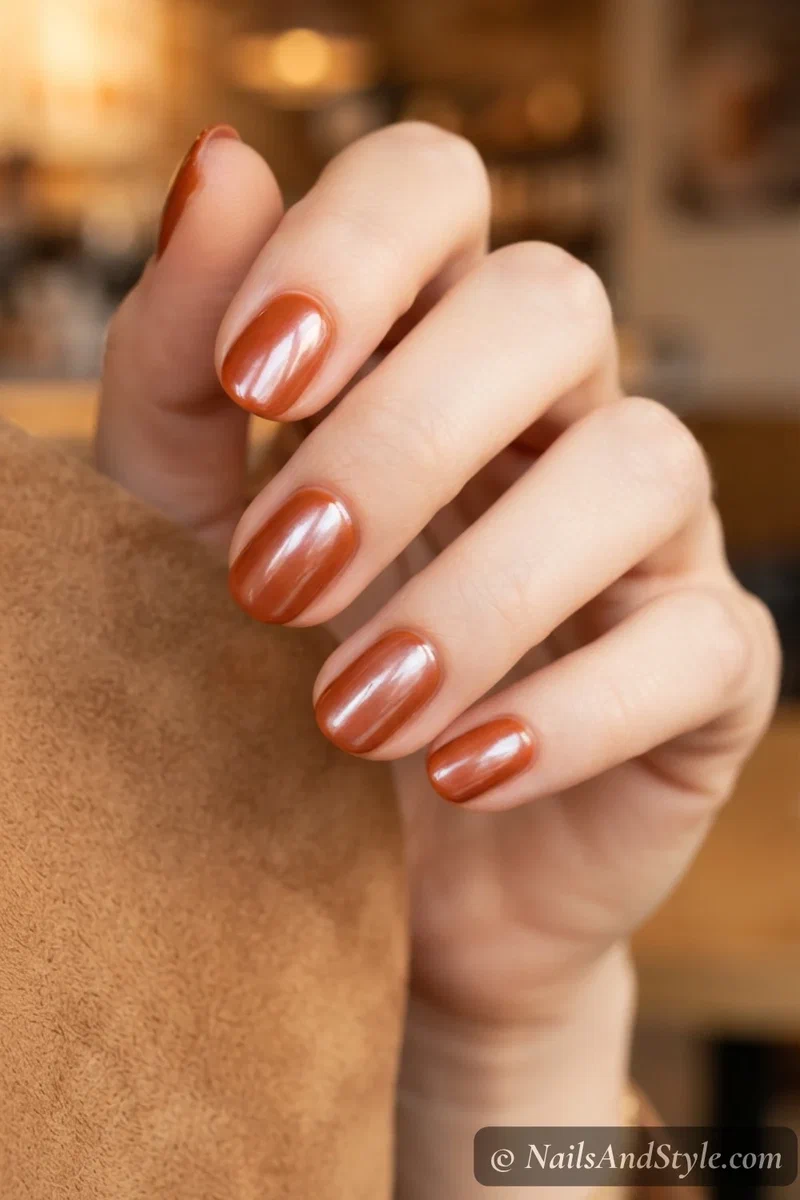 Burnt orange nails with a pearly glazed shimmer finish