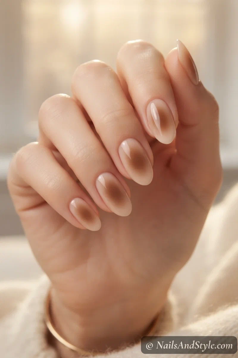 Nude nails with soft caramel aura glow center