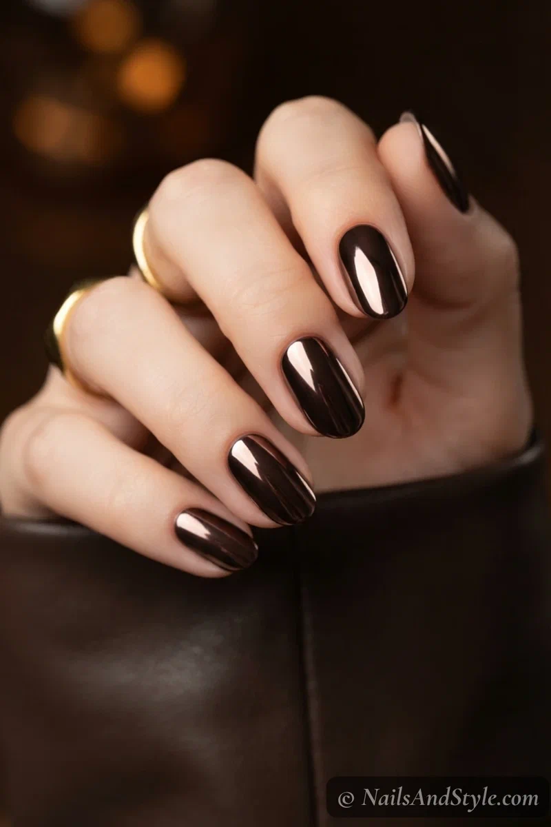 Chocolate brown chrome mirror nails