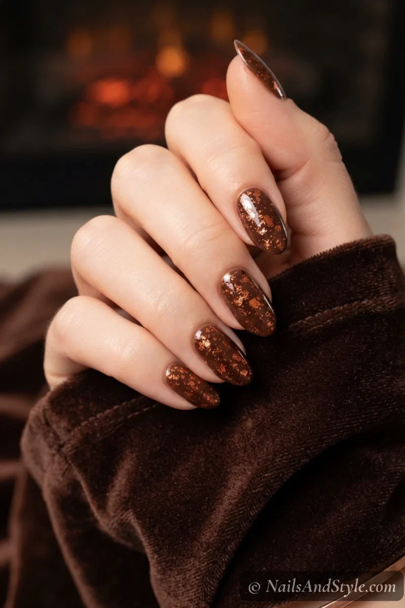 Brown nails with copper foil flake accents