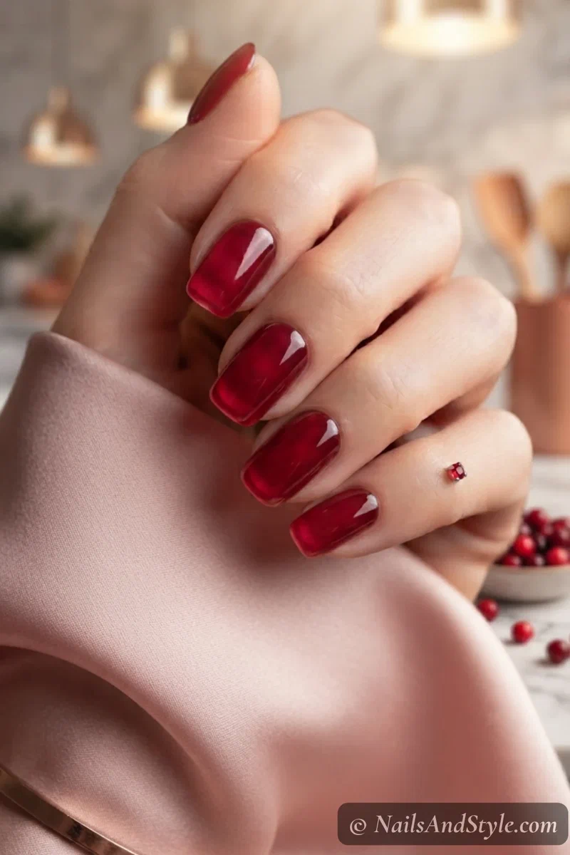 Sheer cranberry red jelly nails