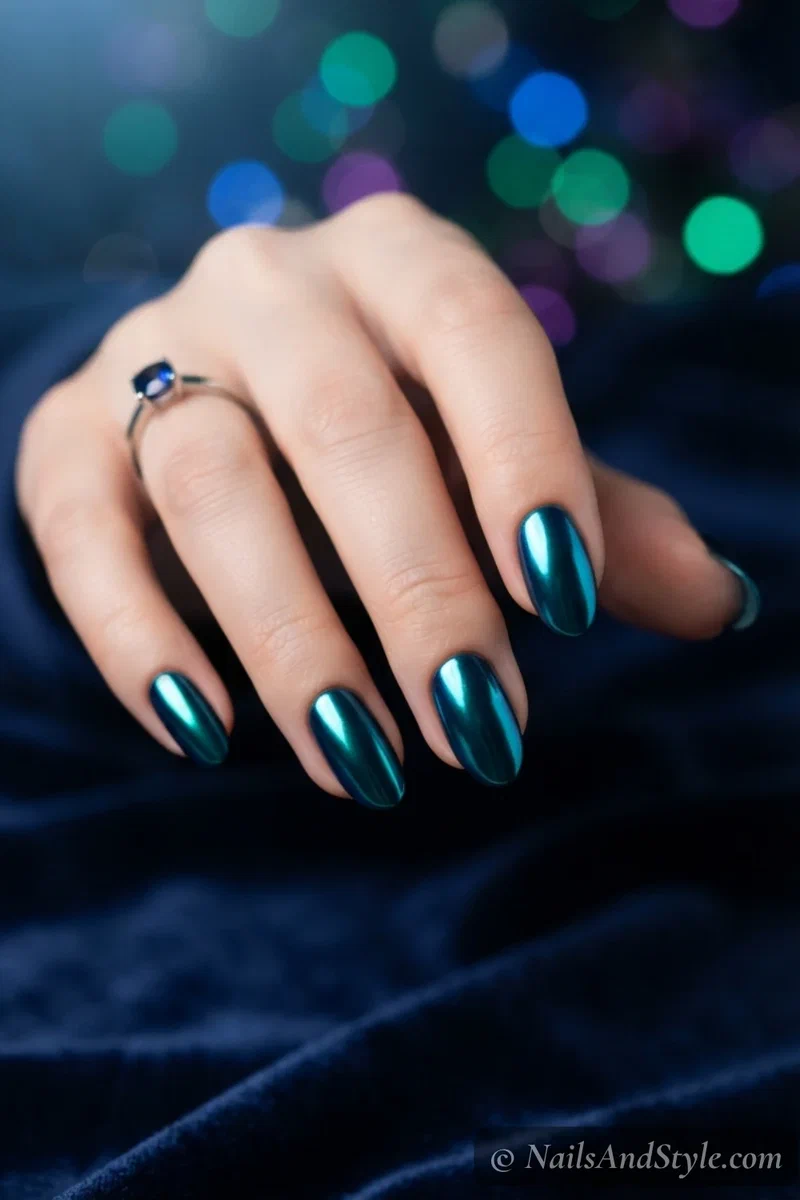 Deep teal chrome mirror nails