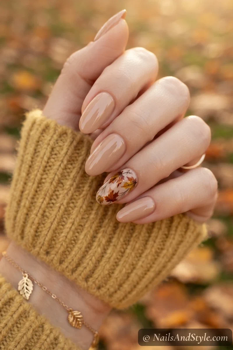 Nude nails with a hand-painted autumn leaves accent nail
