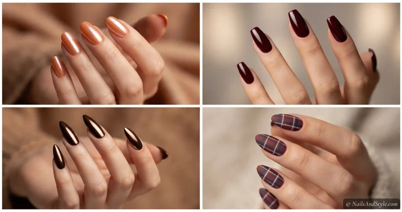 Collage of warm fall nail designs in burnt orange, oxblood, chocolate chrome, and cozy plaid