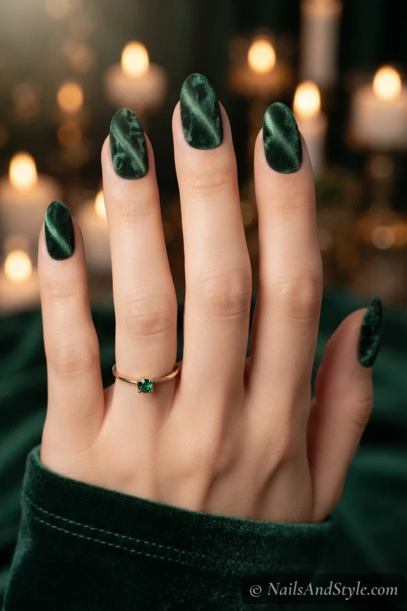 Forest green velvet magnetic nails