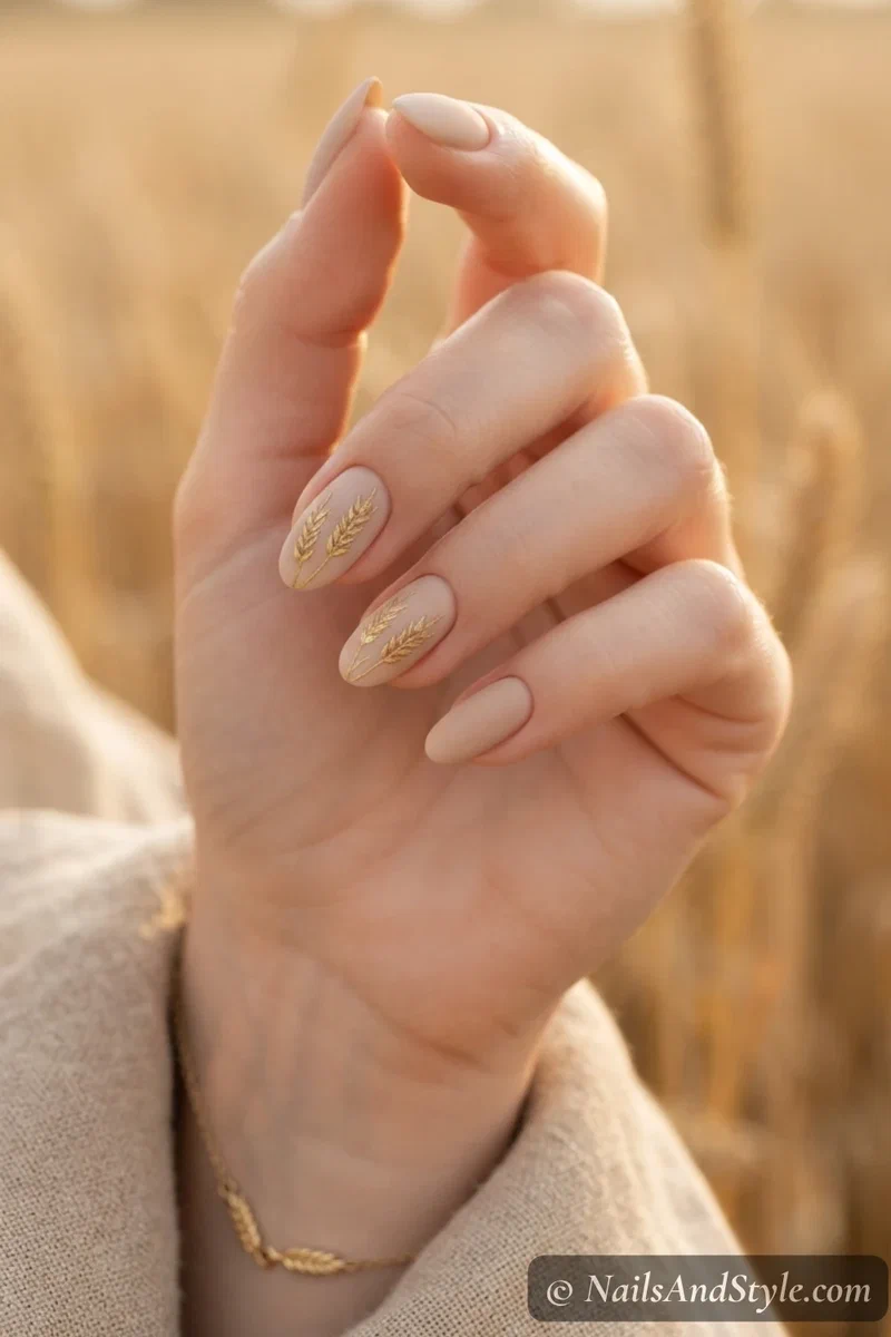 Beige nails with delicate gold wheat stalk designs