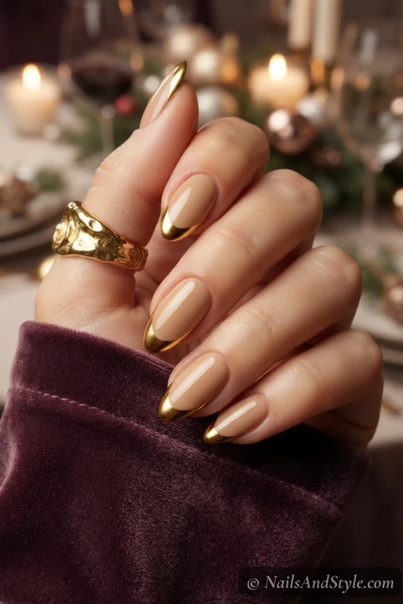 Nude nails with metallic gold French tips