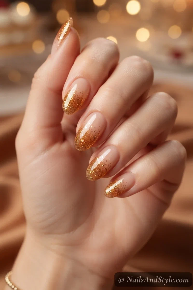 Nails with warm amber gold glitter tips