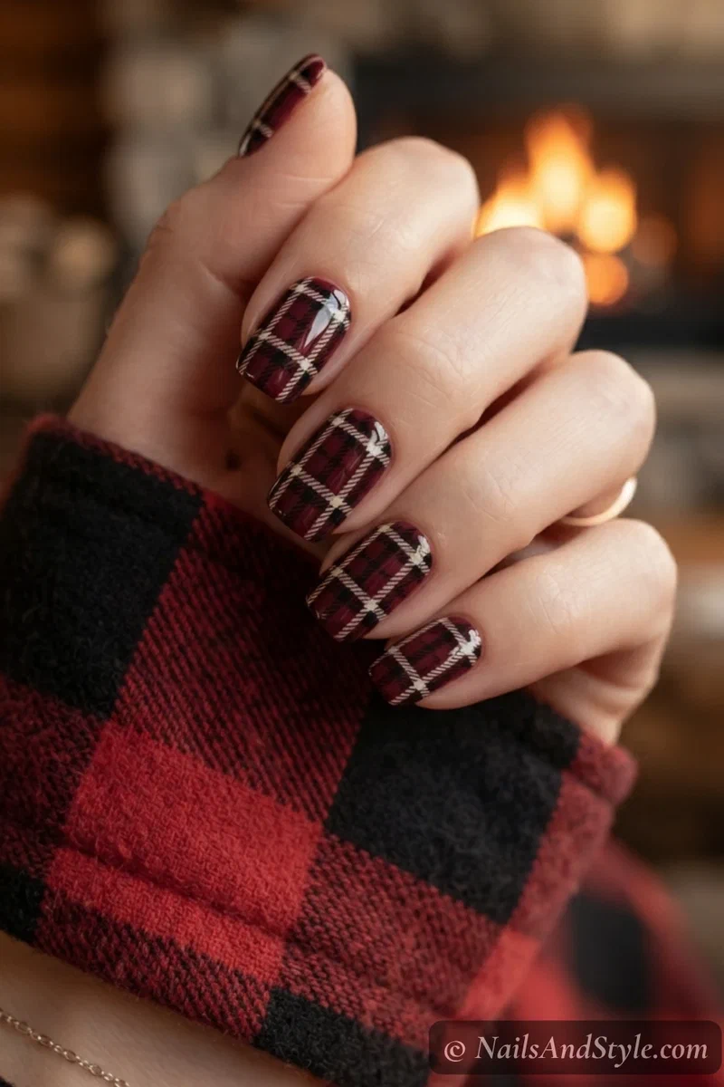 Burgundy plaid flannel pattern nails