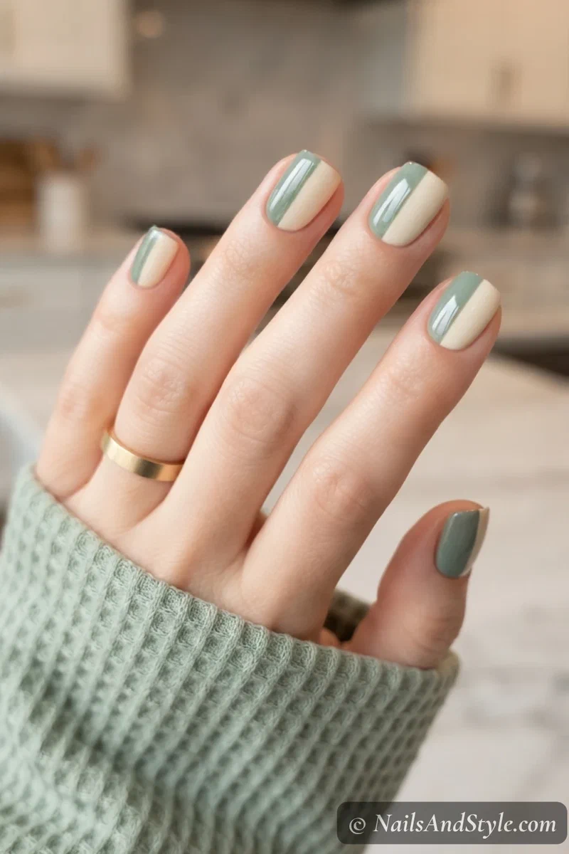 Sage green and cream color block nails