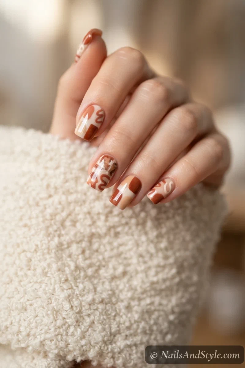 Terracotta and cream abstract shape nails