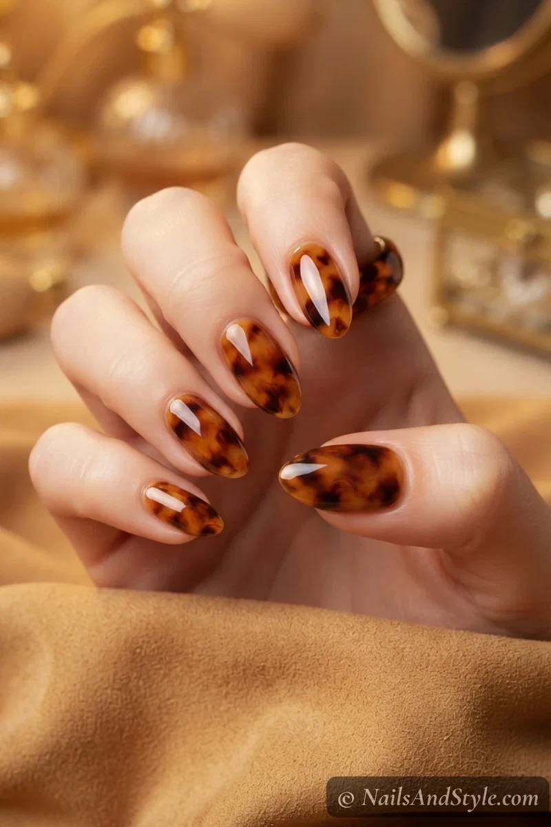 Amber and brown tortoiseshell pattern nails