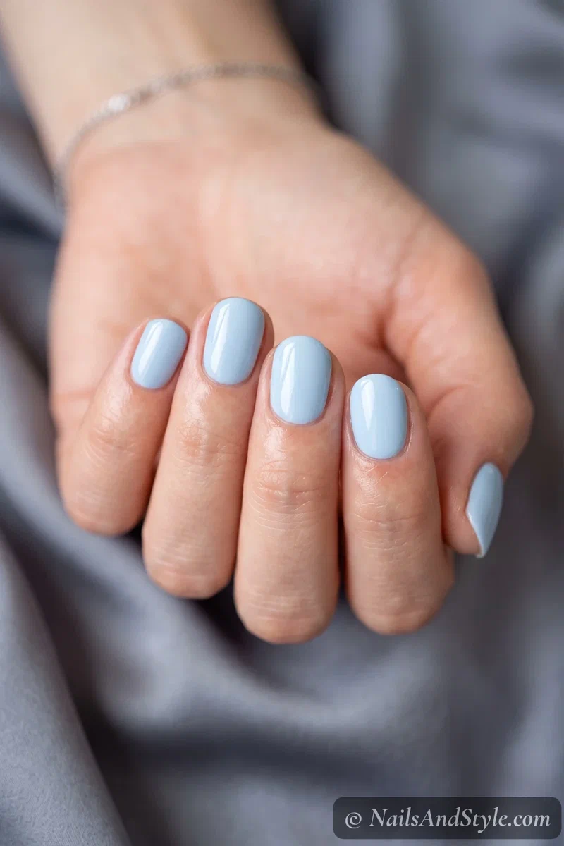 Baby blue gloss nails with a soft pastel blue and glossy finish on short round nails