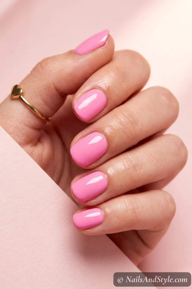 Bubblegum pink nails with a bright playful pink and glossy finish on short round nails