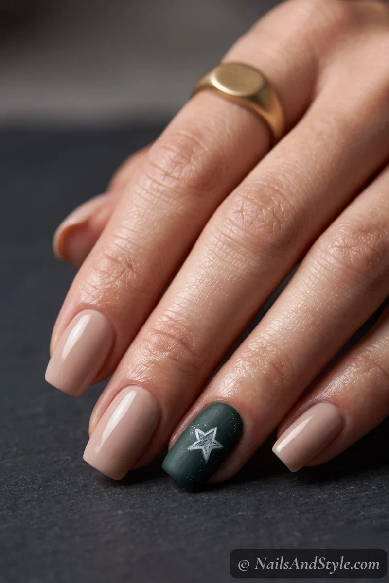 Chalkboard doodle accent nails with a dark green accent nail and a small white chalk-style doodle, medium squoval nails