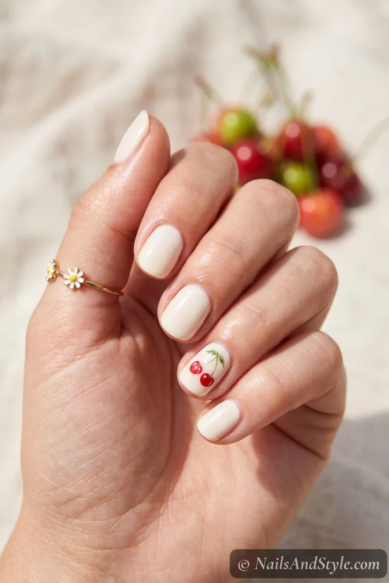 Cherry accent nails with little red cherries and green stems on a cream accent nail, short round nails