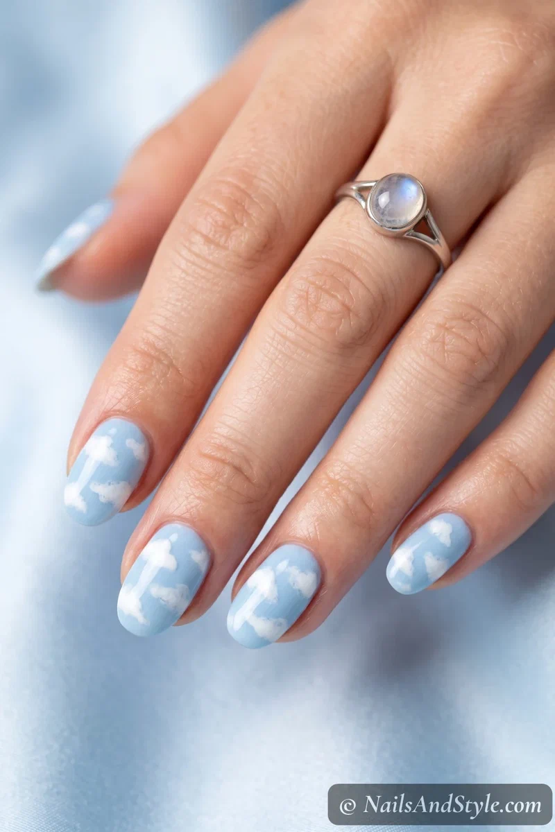 Cloud nails with soft fluffy white clouds over a baby blue base on medium oval nails
