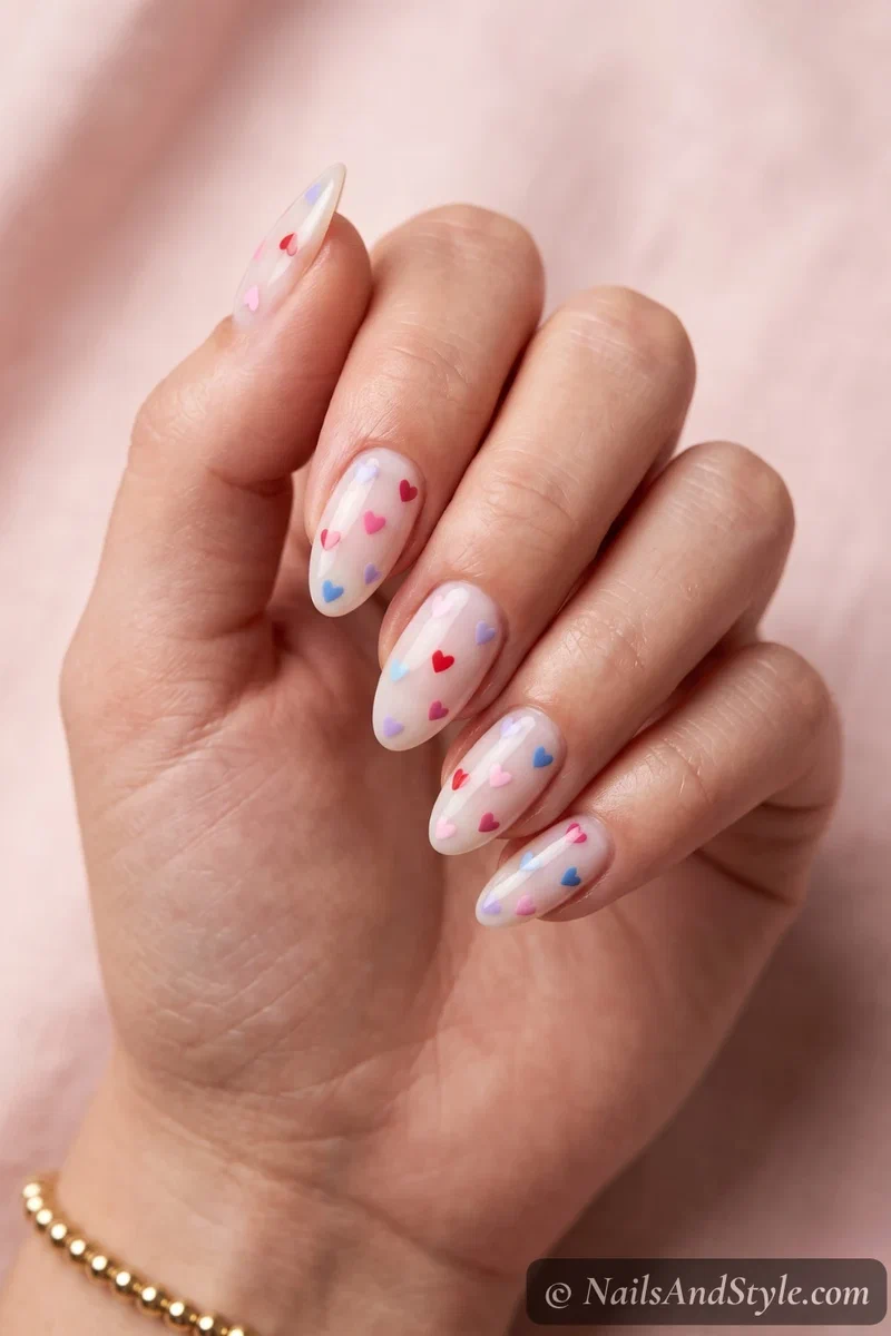 Colorful hearts nails with tiny multicolor hearts scattered over a milky base on medium almond nails