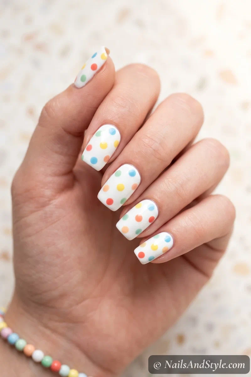 Colorful polka dot nails with multicolor dots over a white base on medium squoval nails