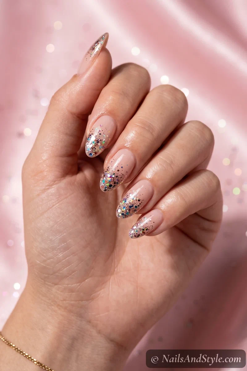 Confetti glitter tip nails with multicolor glitter at the tips over a soft nude base on medium almond nails