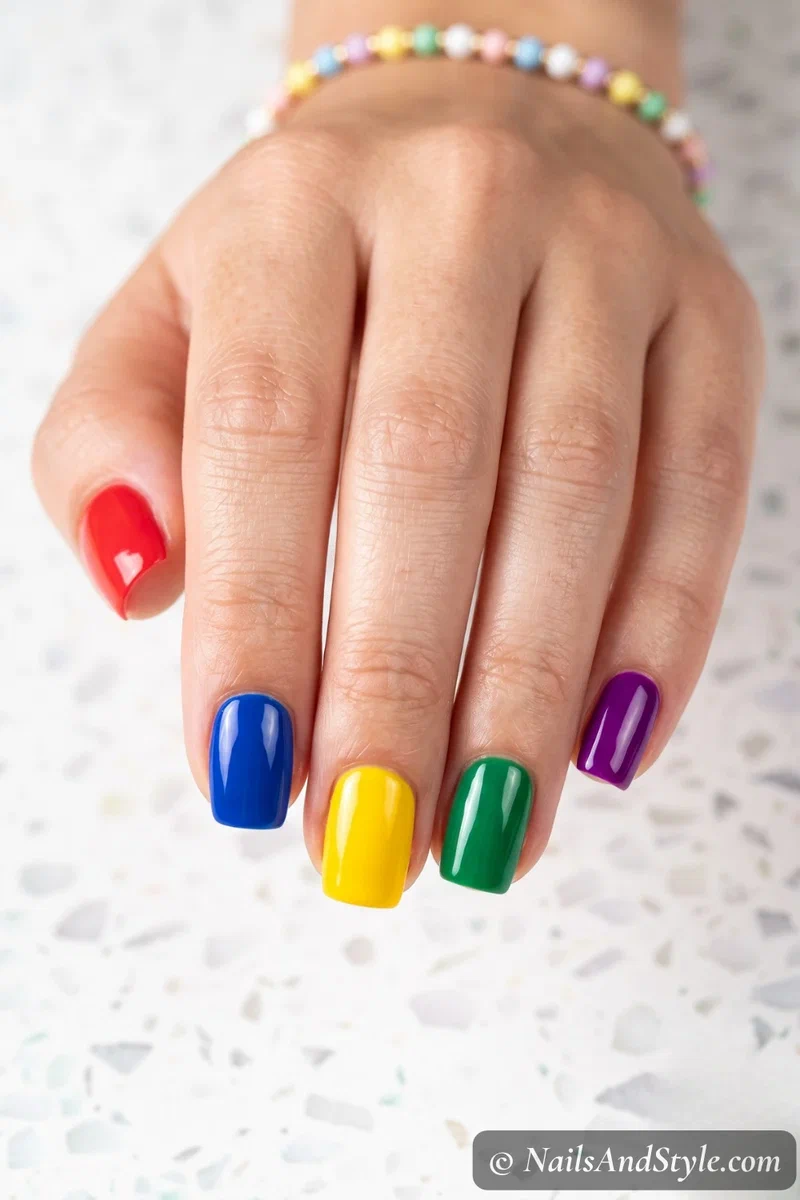 Crayon color block nails with each nail a different primary color — red, blue, yellow, green — on short square nails