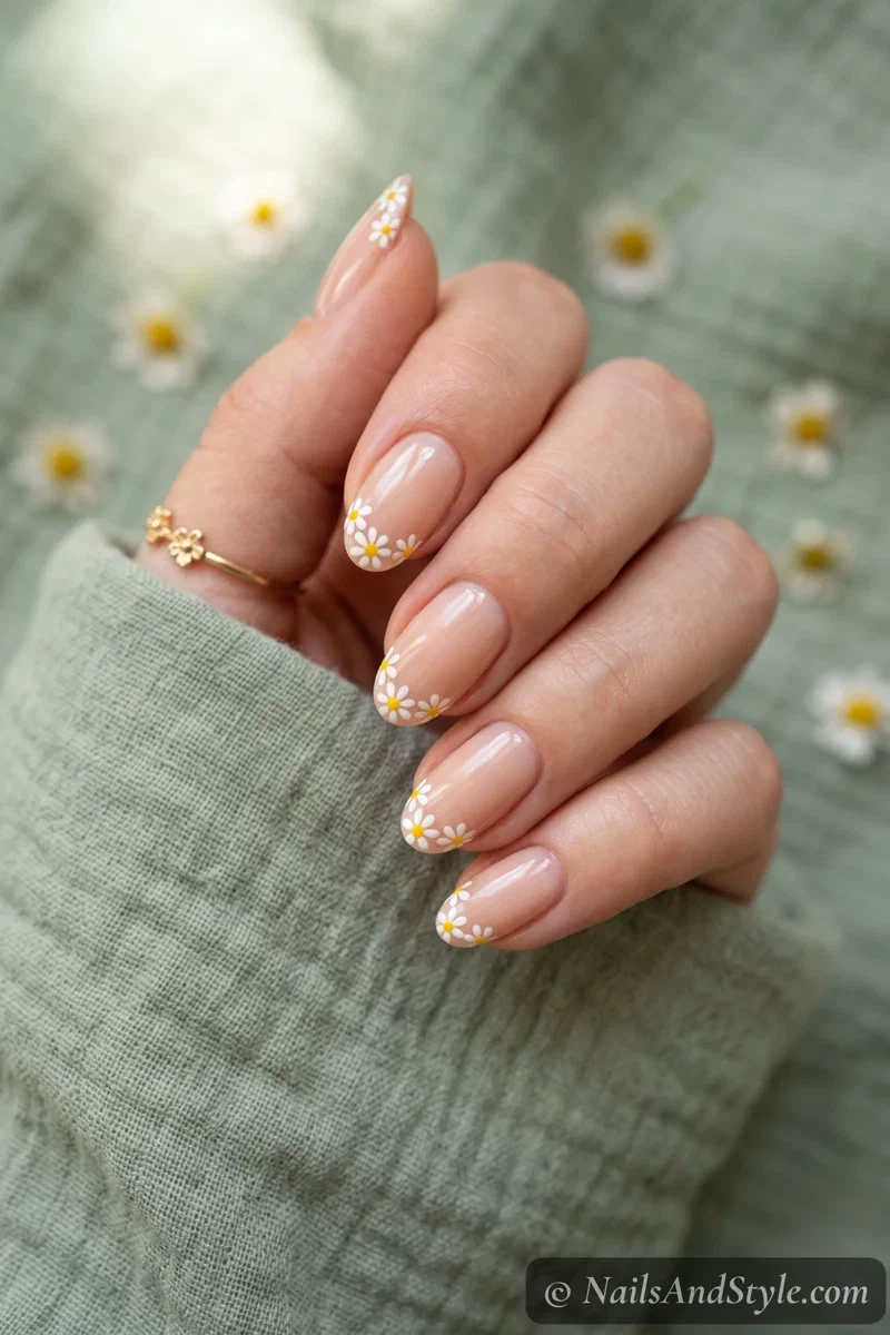 Daisy chain French nails with small white daisies along the tips over a nude base on medium oval nails