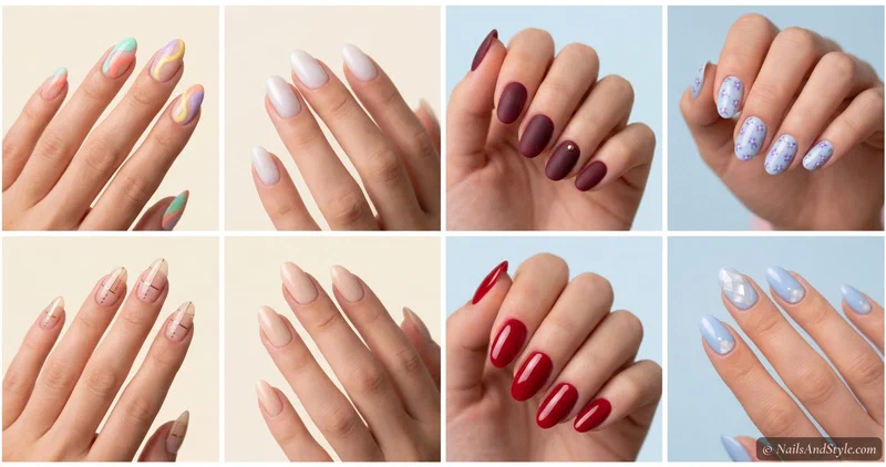 Collage of four first day of school nail looks — rainbow French tips, fresh milky nude, true red gloss, and blue cloud nails