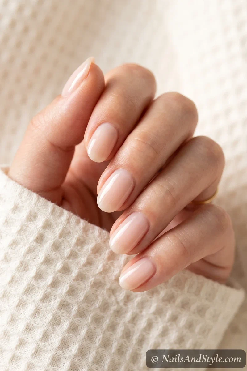 Fresh milky nude nails with a soft semi-sheer nude wash and glossy finish on short oval nails