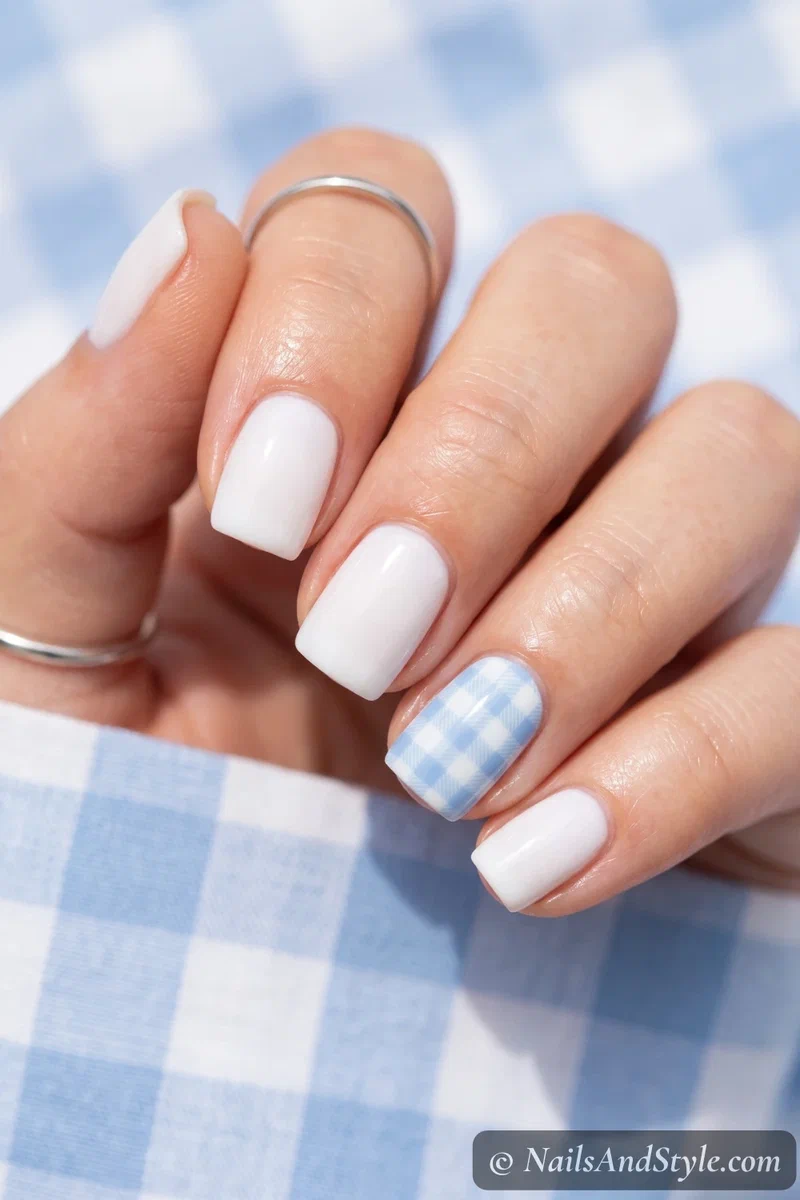 Gingham accent nails with a soft pastel blue gingham check on one nail and milky white on the rest, short square nails