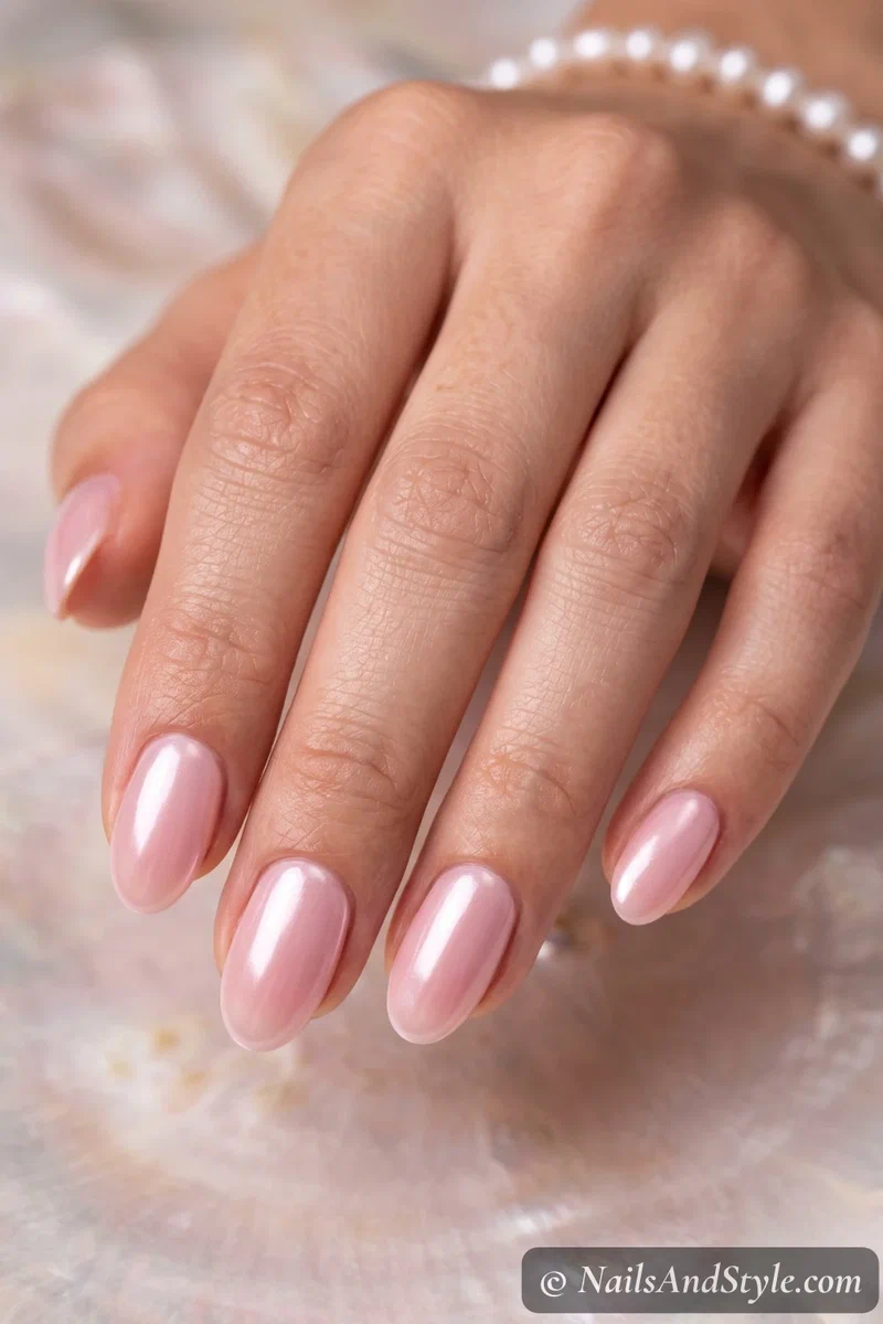 Glazed pink pearl nails with a pearly wet sheen over a milky pink base on medium oval nails