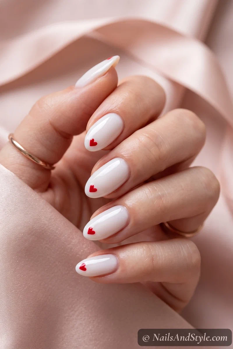 Heart tip nails with tiny red and pink hearts at the tips over a milky base on medium almond nails