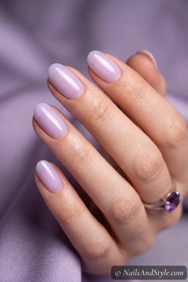 Lavender milk nails with a soft milky pastel purple and glossy finish on short oval nails