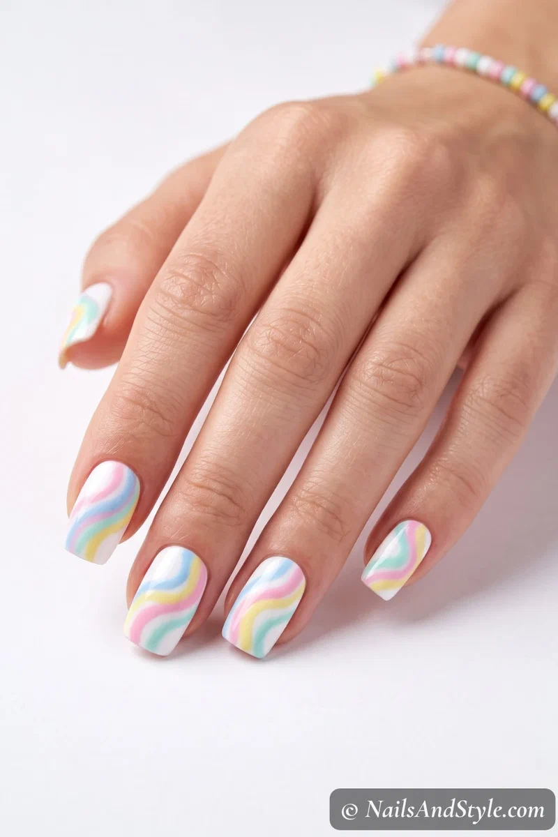 Pastel rainbow swirl nails with soft pink, blue, yellow, and mint ribbons over a white base on medium squoval nails