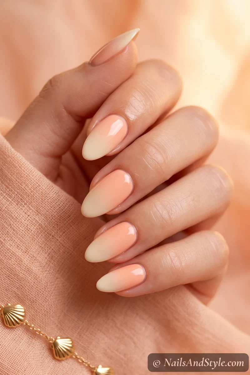 Peachy ombre nails fading soft peach into creamy white on medium almond nails