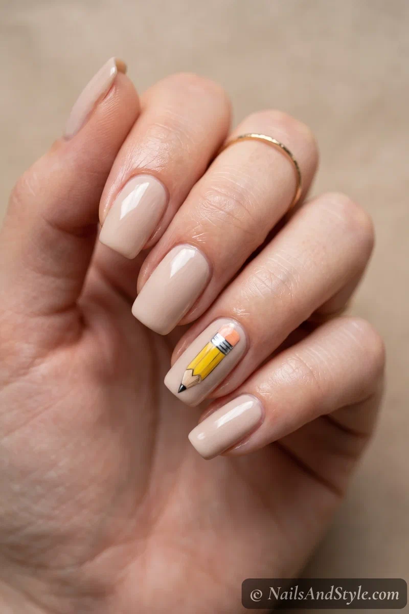 Pencil accent nails with a tiny yellow pencil painted on one neutral accent nail, medium squoval nails