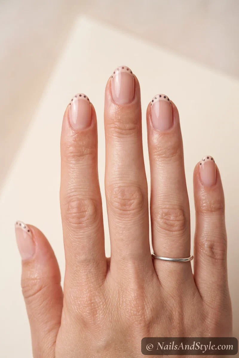 Polka dot French nails with a row of tiny dots along the tips in place of a solid French line over a nude base, short oval nails