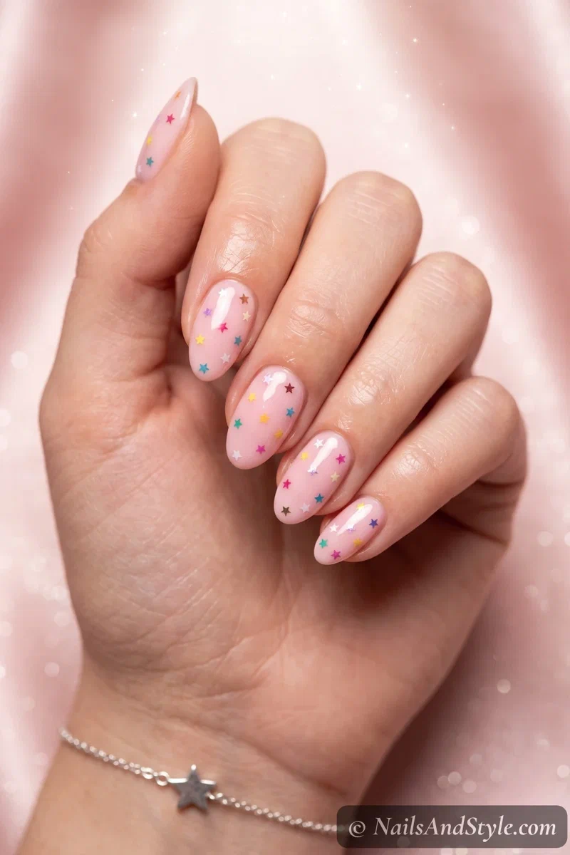 Star confetti nails with tiny multicolor stars scattered over a soft pink base on short almond nails